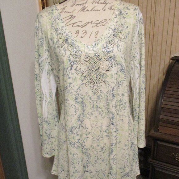 Reba Embellished/Sequined Multi-Colored Print Blouse w/Trumpet Sleeves Sz. L - Picture 1 of 7